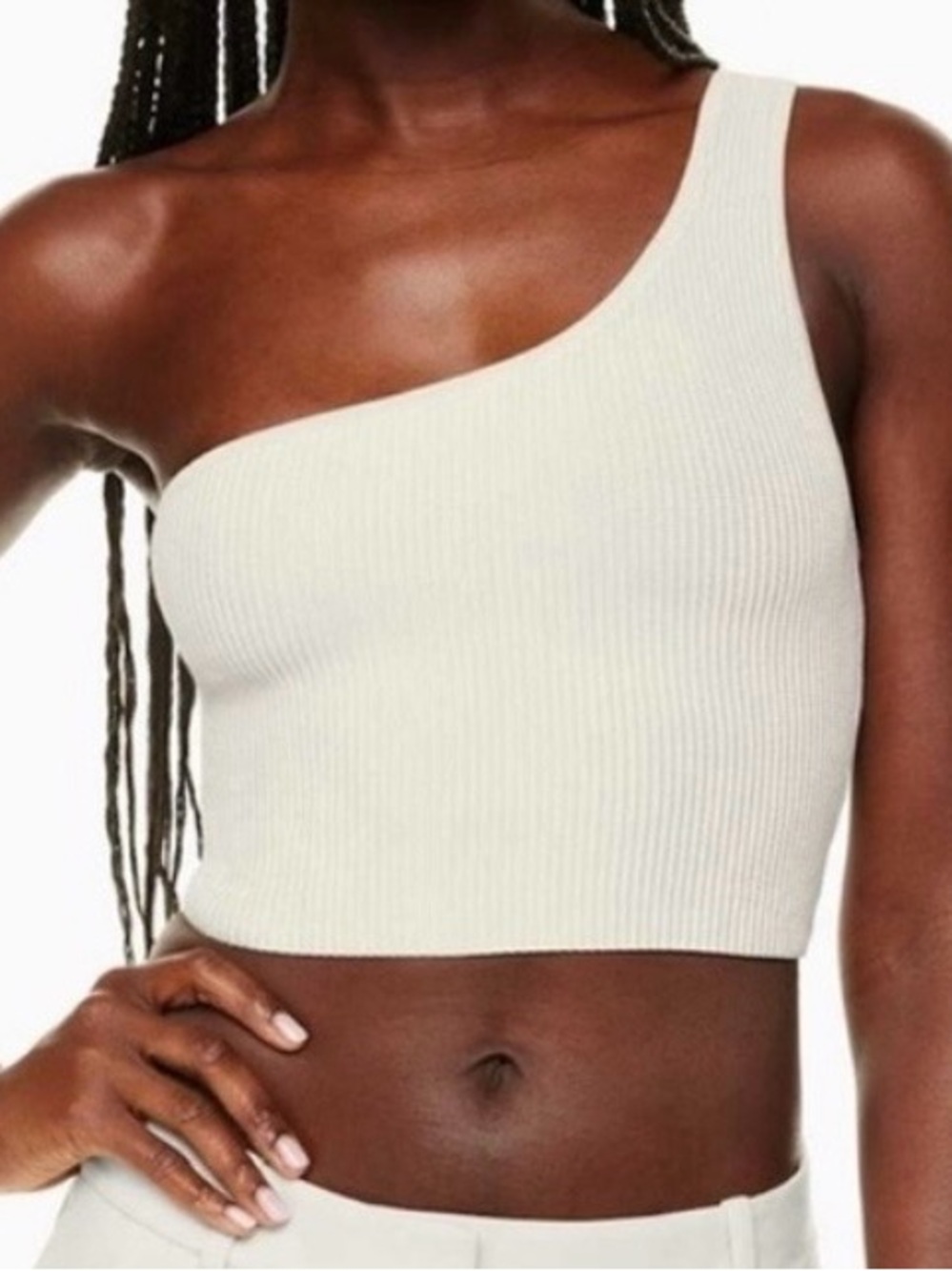 Babaton Aritzia Sculpt One-Shoulder Ribbed Crop Tank Top - Beige